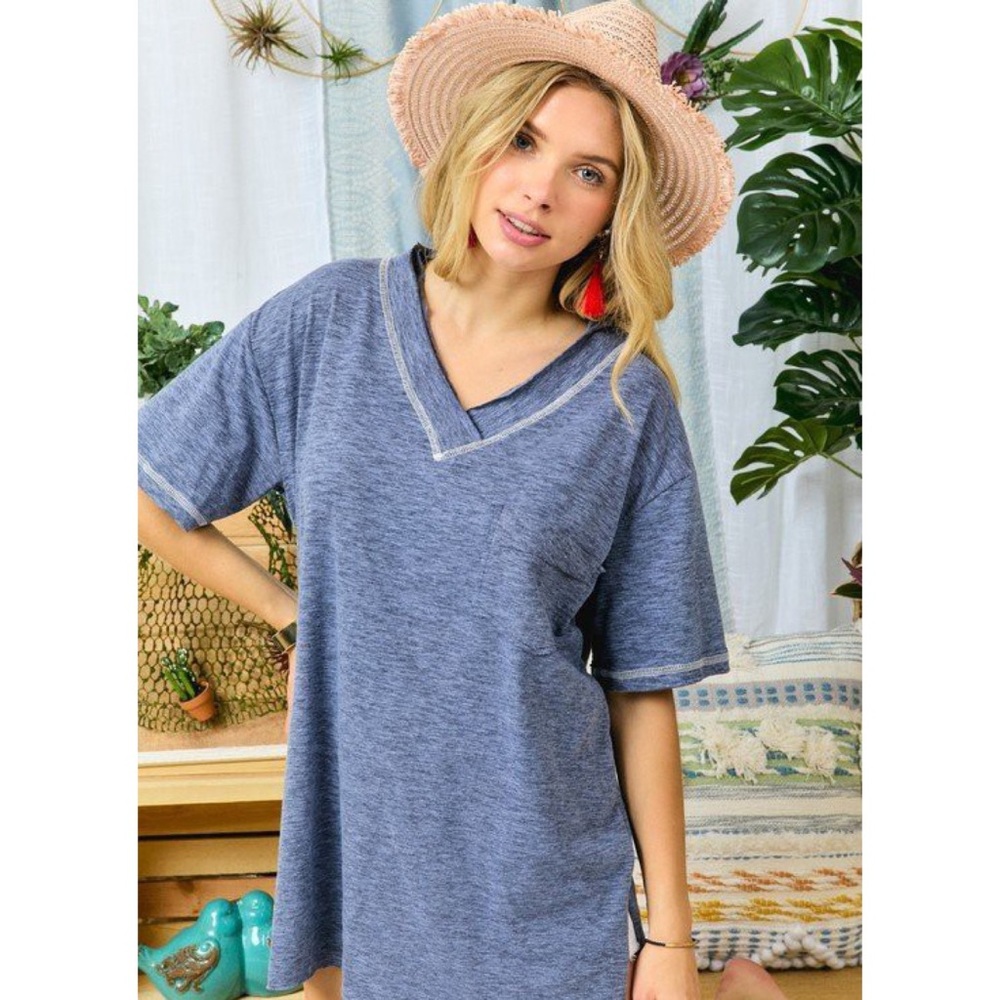 Spring Summer Tops Oversized V-Neck Tees Pocket Top Tee in Navy
